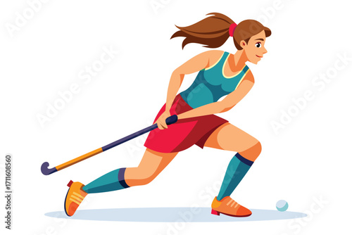 Young athlete plays field hockey on a bright day with passion and focus in a vibrant outfit