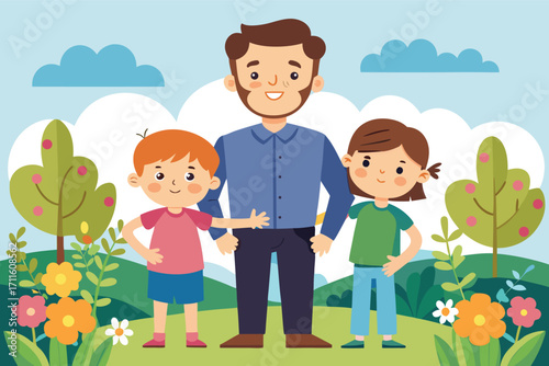 Happy family enjoying time in a colorful garden on a sunny day