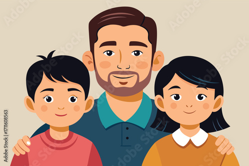 Family portrait featuring a father with two children smiling together indoors