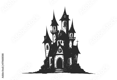 Spooky gothic castle silhouette with pointed towers - stock vector