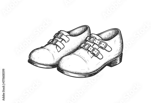 Vintage sketch of classic leather buckle shoes in black and white - stock vector