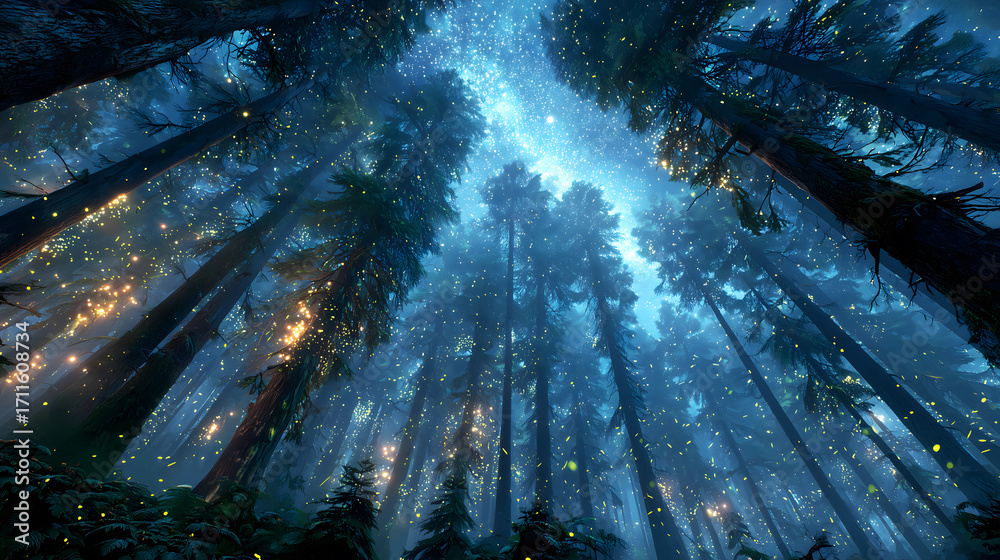 custom made wallpaper toronto digitalMagical Forest Night View: Fireflies And Starlight Intertwined In Blue Misty Natural Landscape