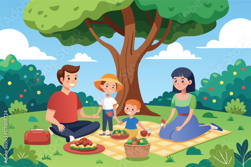 Family enjoys a sunny picnic under a large tree in a vibrant green park with delicious food and smiles