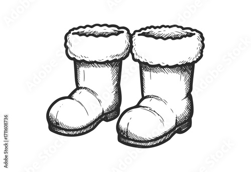 Black and white sketch of furry winter boots - stock vector