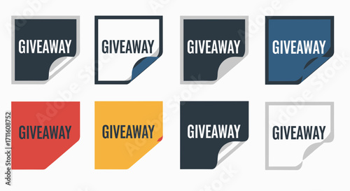 Colorful GIVEAWAY labels with peeled corner effect vector illustration set for promotions and marketing.