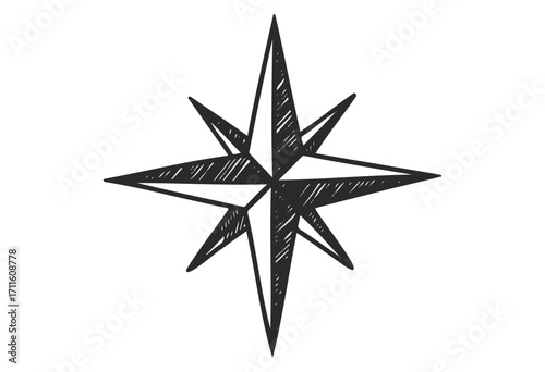 Black and white nautical star with simple crosshatch design - stock vector