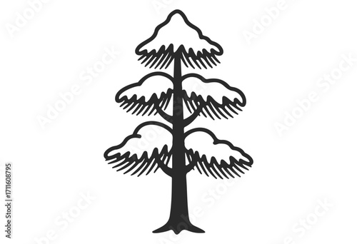 Stylized snow-covered pine tree icon in black and white - stock vector