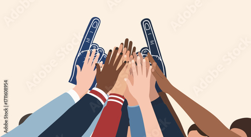 Diverse Hands High Five with Blue Foam Fingers for Team Spirit.