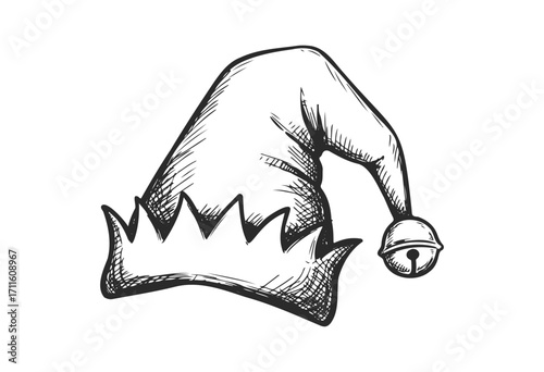 Hand-drawn elf hat with bell and zigzag trim in black and white - stock vector