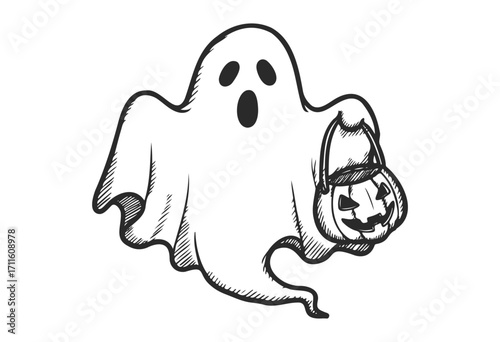 Cartoon ghost with jack-o'-lantern in hand-drawn halloween design - stock vector