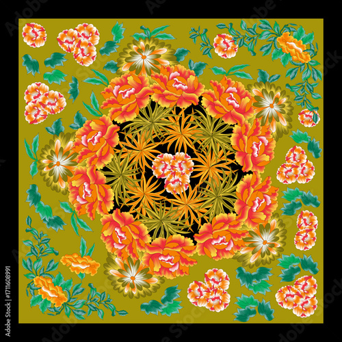 Vintage Floral Mandala Scarf Vector with Roses and Decorative Border