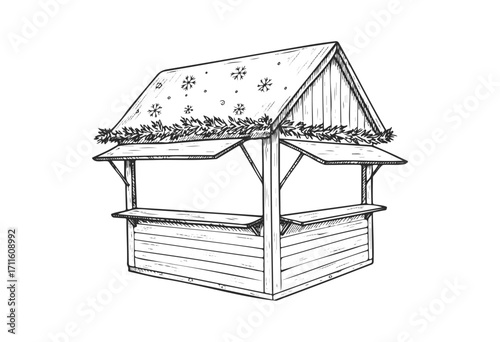 Rustic wooden market stand with holiday decorations and snowflakes - stock vector