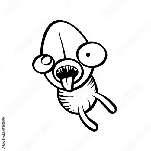 A cartoonish monster with bulging eyes and a protruding tongue in black and white line art style design