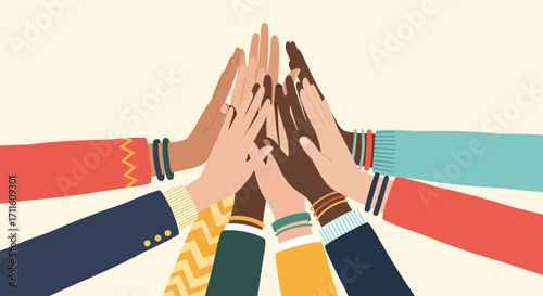 Diverse Hands Reaching Up in Teamwork and Unity 1.