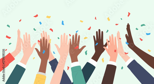 Diverse Hands Reaching Up with Confetti Celebration.