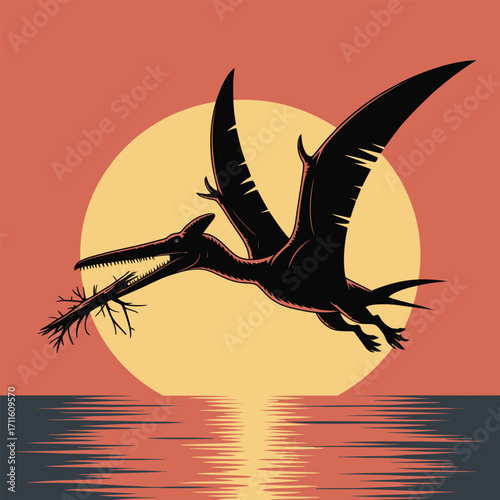 Pterodactyl Silhouette Vector Illustration Black Design: Flying Reptile Outline, Prehistoric Animal Profile, Ancient Creature Graphic, Sunset Art