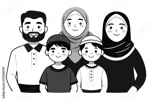 Happy family posing together in black and white artwork capturing love and connection