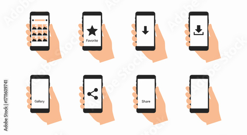 Eight Hands Holding Smartphones Displaying Various App Functions.