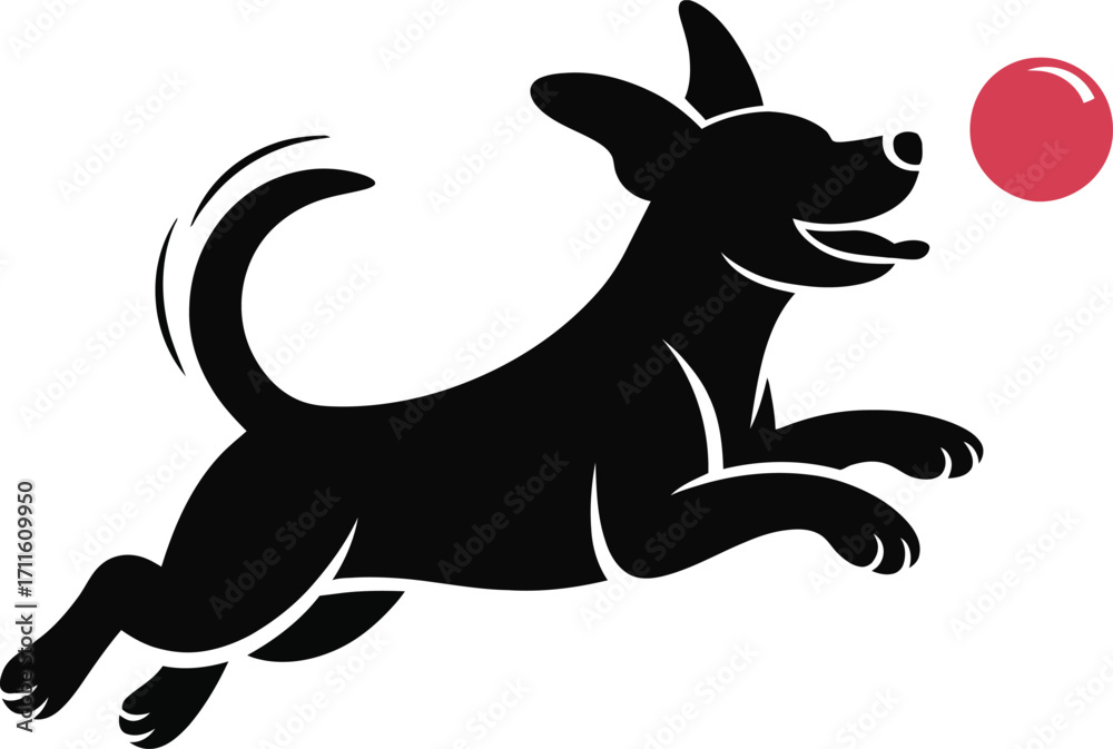 Obraz premium Playful Pup Silhouette Illustration Chasing Red Ball Vector Design on Transparent Backdrop, Energetic Black Dog Illustration for Graphic Projects