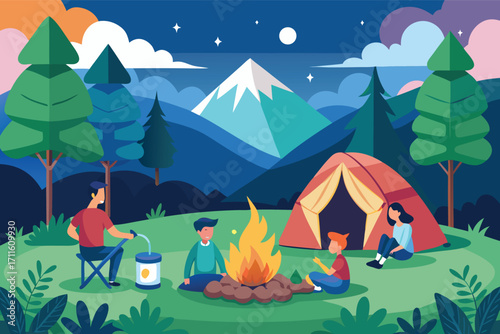 Family camping under the stars by a mountain with a campfire in the evening