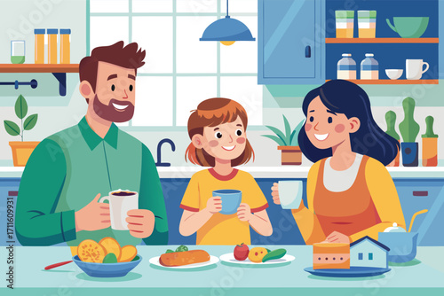 Happy family enjoying breakfast together in a bright kitchen with healthy food and drinks served on the table