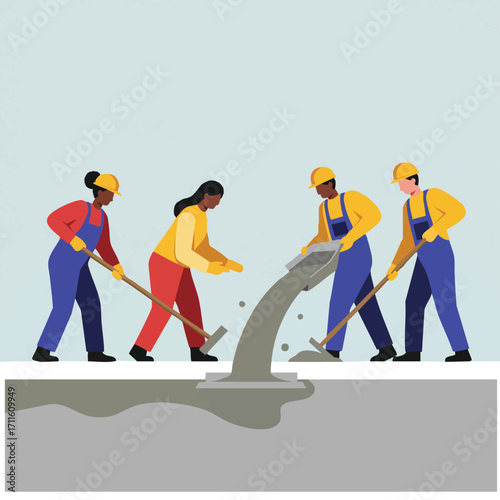 A diverse team of construction workers diligently pours and levels fresh concrete on a job site, demonstrating teamwork and hard labor.