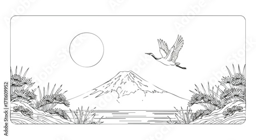 Elegant crane soars over Mount Fuji with serene moon in minimalist Japanese landscape