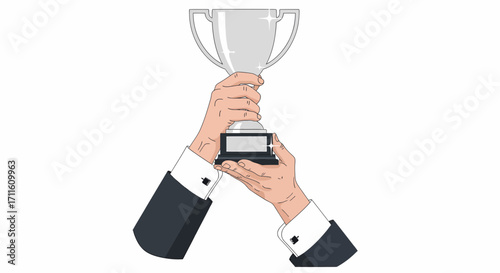 Hands Holding a Silver Trophy with Empty Plaque.