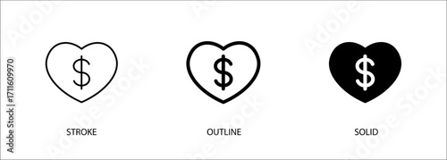 Heart icon with money for charity, finance. Vector stroke, outline and solid icon. Eps10 format.
