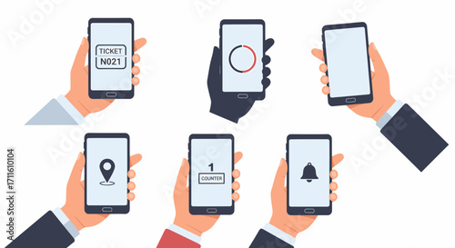 Hands holding smartphones displaying digital service icons for queuing and information.