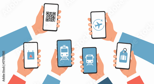 Hands holding smartphones displaying travel and transport icons and QR code.
