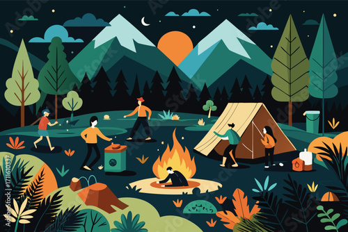 Group of friends enjoying a camping adventure in the mountains at sunset with a campfire and tent