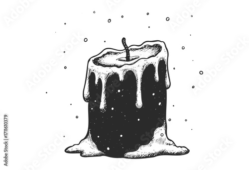 Hand-drawn melting candle with dripping wax and snowflakes in black and white - stock vector