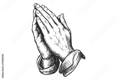 Black and white sketch of praying hands - stock vector