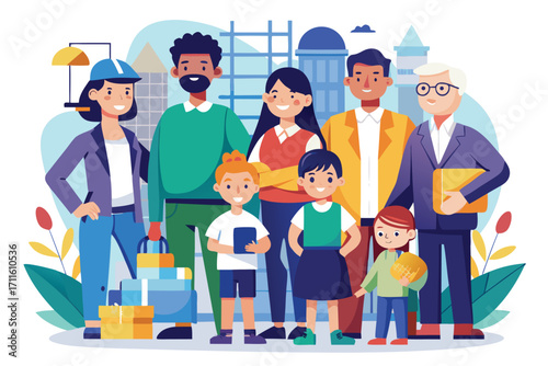 Group of diverse people standing together with shopping bags in a city setting during daylight hours