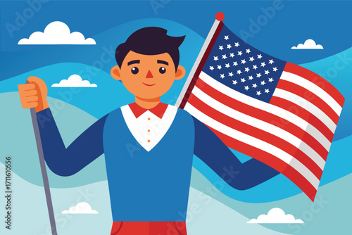 Young person holding American flag against blue sky with clouds in a cheerful outdoor setting