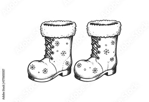 Hand-drawn snowflake winter boots illustration with fur lining - stock vector