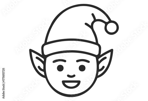 Smiling elf face with pointy ears in christmas hat line art icon - stock vector
