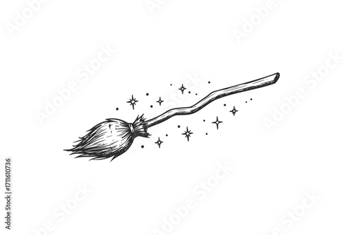 Enchanted witch broom with sparkling magic - stock vector