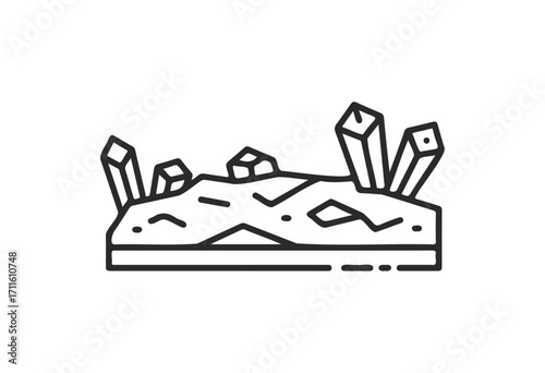 Outline drawing of geometric crystals growing from ground surface - stock vector