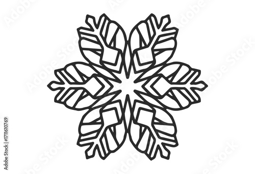 Geometric leaf mandala with bold black lines and star center - stock vector