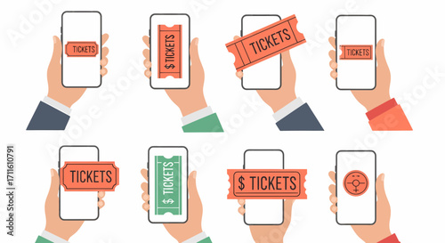 Set of flat vector illustrations showing hands holding smartphones with online tickets for events.
