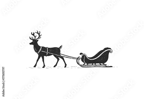 Reindeer pulling sleigh silhouette in vintage christmas design - stock vector
