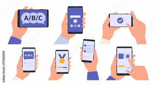 Set of vector illustrations showing hands holding smartphones for online surveys AB testing and user feedback.