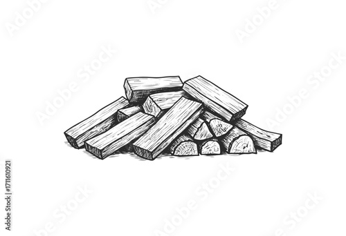 Hand-drawn firewood log pile illustration in black and white - stock vector