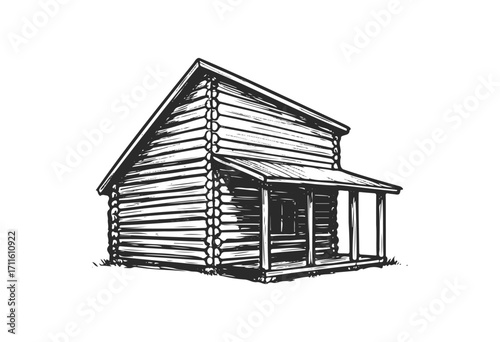 Rustic log cabin illustration with porch and slanted roof - stock vector