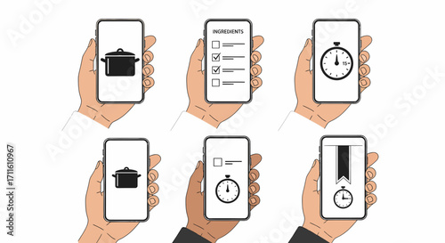 Smartphone App Icons for Cooking Pot Checklist Timer.