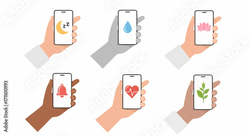 Smartphone Displays Various Wellness Icons.