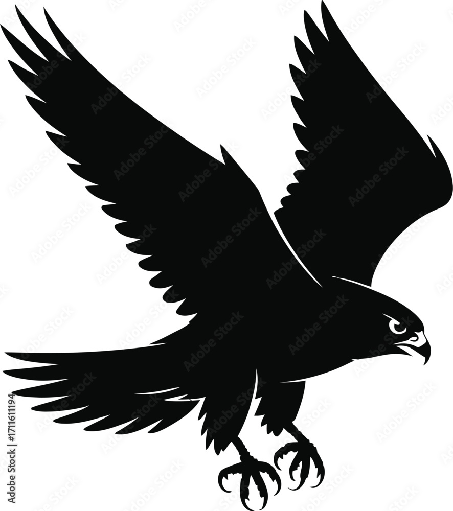Obraz premium Striking Falcon Silhouette Illustration in Black Vector Format Featuring Sharp Eyes and Powerful Wings for Graphic Design and Creative Projects