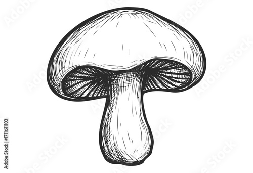 Hand-drawn black and white mushroom illustration with detailed gills - stock vector